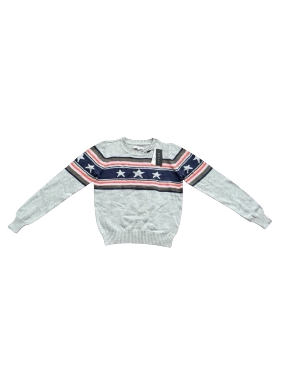 Chaser Stars Stripe Oversized Sweater Medium Gray Cotton Americana Knit NWT